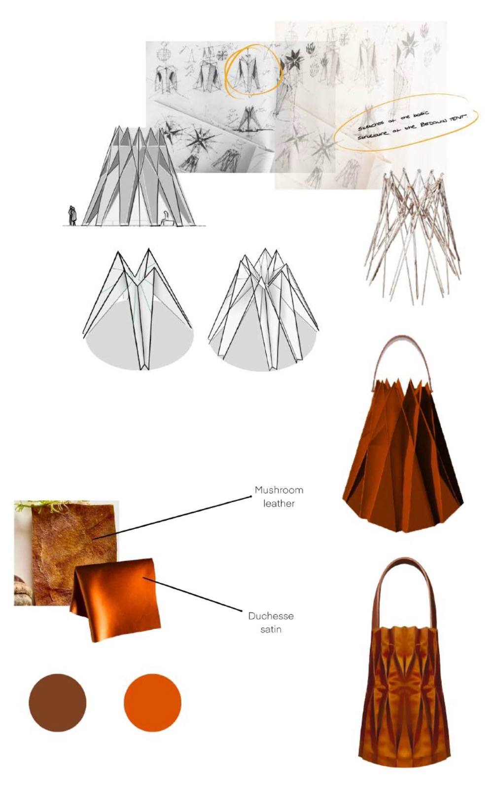 Sketches: folded structure, mushroom leather and duchesse satin