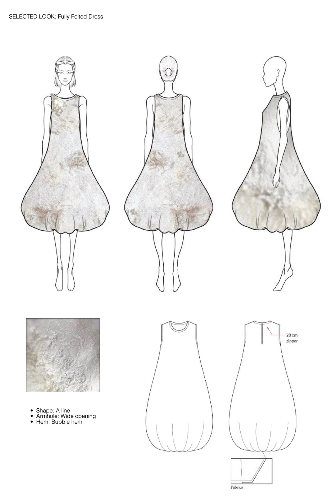 Selected look: fully felted dress, flats